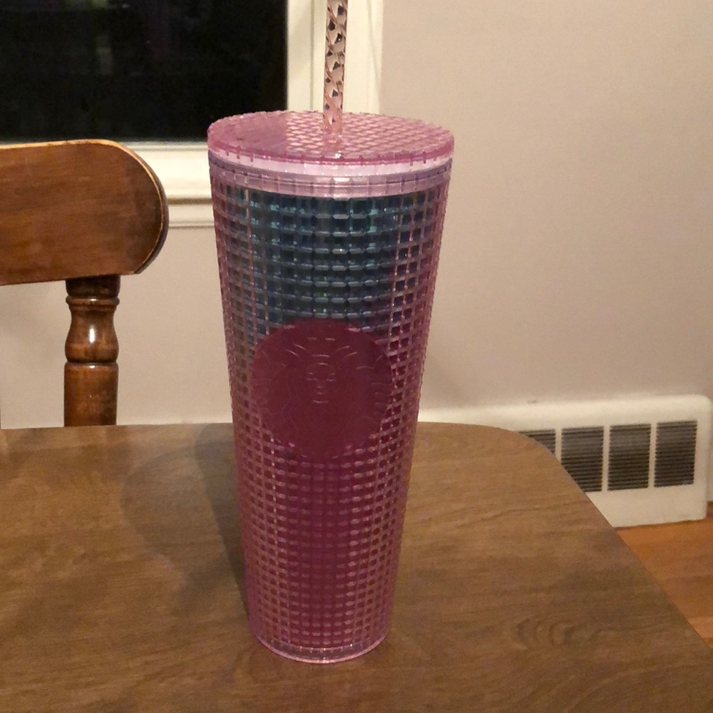 COPY - Starbucks pink and teal grid cold cup.